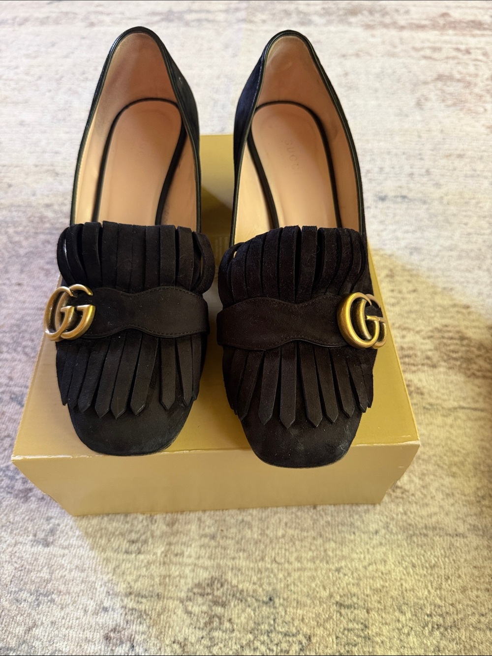 Gucci Black Suede Fringe Loafers with Gold Double G